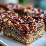 A close-up of Decadent Sweet and Chewy Turtle Bars with Chocolate and Caramel shows melted chocolate pooling between toasted oats and pecans.