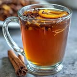Warm cup of dandelion root tea with ginger and turmeric, served with a cinnamon stick and lemon wedge.