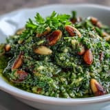 Bright dandelion pesto with garlic and pine nuts, perfect for pasta or sandwiches.  