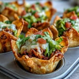 Savory ground beef taco filling baked in golden wonton wrappers, bite-sized appetizer.