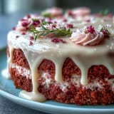 Beautiful pink velvet cake with luscious cream cheese frosting and gold accent.