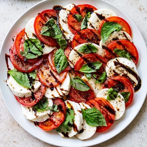 Ripe heirloom tomatoes and fresh mozzarella cheese arranged with basil leaves, sprinkled with sea salt and pepper for an easy Caprese Salad.