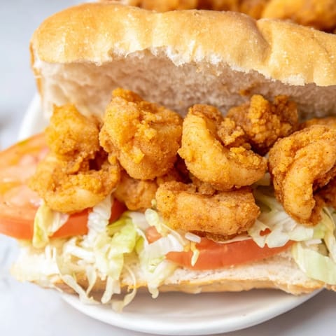 Crispy Cajun shrimp po boy sandwich garnished with lemon wedges and pickles on a rustic wooden table.