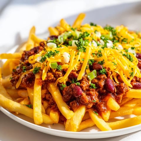 Sizzling Chili Cheese Fries topped with green onions, served hot from the oven.