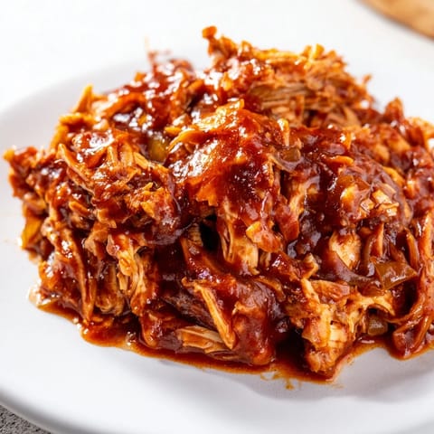 A close-up of saucy BBQ Pulled Chicken in a slow cooker, glistening with tangy barbecue sauce and flecked with smoked paprika.