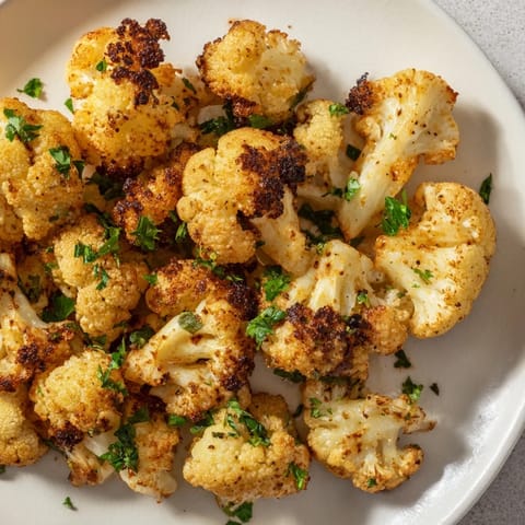 Tender Roasted Cauliflower florets glazed with olive oil, smoked paprika, and cumin on a parchment-lined baking sheet.