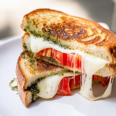 Caprese Pesto Grilled Cheese sandwich sliced to reveal melted mozzarella, vibrant tomato, and basil pesto layers.