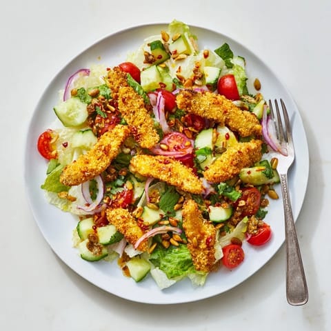 Crispy Hot Honey Chicken Salad features golden fried chicken strips drizzled with spicy honey, piled onto fresh chopped romaine with crunchy seeds and vibrant cherry tomatoes.