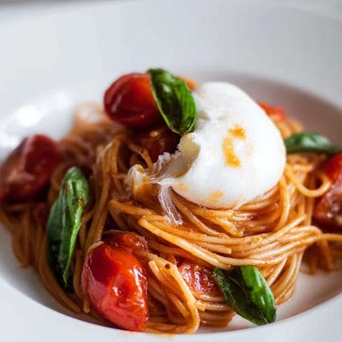 Close-up of Burrata Caprese Pasta with juicy cherry tomatoes, garlic, and olive oil, showing melted burrata over strands of spaghetti.
