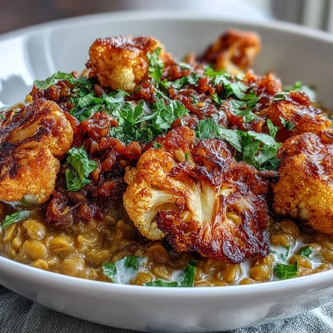 A warm bowl of Dhal with Cumin-Roasted Cauliflower, featuring creamy red lentils and golden, spiced vegetable florets.