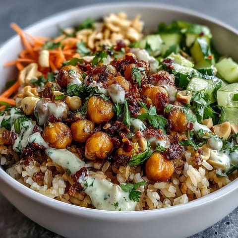 A close-up of the vibrant Peanut Chickpea Rice Bowl, with fluffy brown rice topped with chickpeas, shredded carrots, red cabbage, and sliced cucumbers.