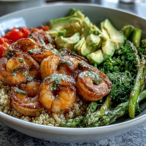 Succulent sautéed shrimp and fluffy quinoa make up this Detox Buddha Bowl, topped with red cabbage, tomato, and fresh herbs for a light meal.