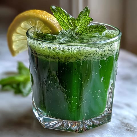 A close-up view of Celery Ginger Lemon Juice, showing its bright green hue and lemon slices resting on the rim of the glass.