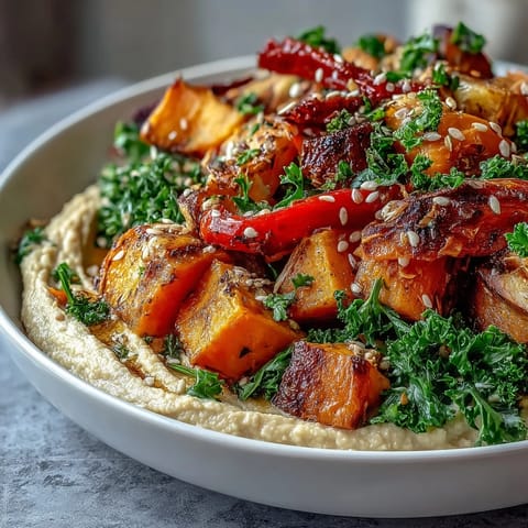 Roasted butternut squash and sweet potatoes on creamy butter bean hummus, topped with toasted seeds in this vibrant winter salad.