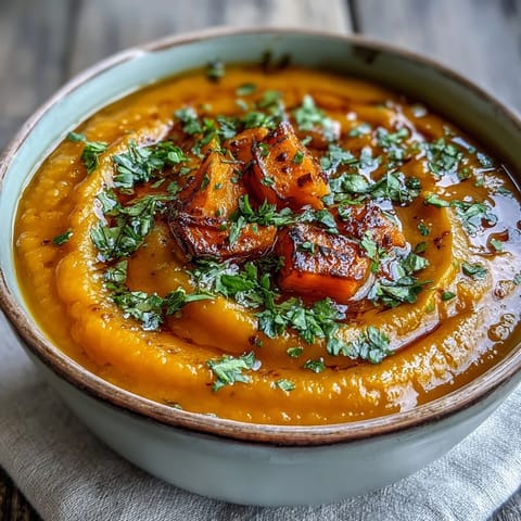 Velvety vegan butternut squash and lentil soup in a rustic bowl, garnished with parsley and served beside warm gluten-free bread.