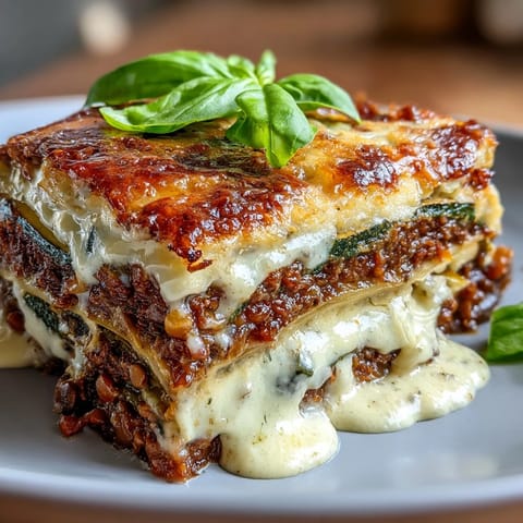 Golden-brown One-Pan Smoky Veggie Lentil Lasagne with bubbly mozzarella and fresh basil, served in a rustic pan.  