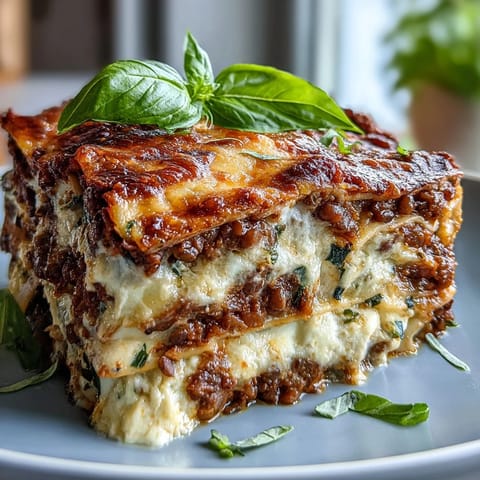 One-Pan Smoky Veggie Lentil Lasagne layered with mushrooms, courgettes, and rich béchamel, steaming after baking.  
