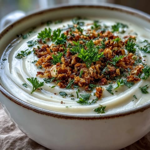 A steaming bowl of Celeriac Soup with Hazelnut Crumble, its velvety white surface topped with golden, crunchy nut pieces.
