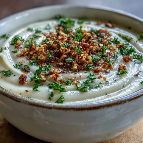 Silky smooth Celeriac Soup with Hazelnut Crumble served beside a rustic bread slice, ready to enjoy on a cozy table.