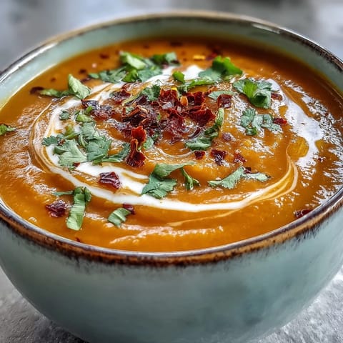 A steaming bowl of Carrot, Celeriac, and Chilli Soup, garnished with fresh cilantro and a swirl of vegan yogurt.  
