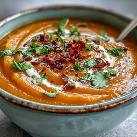 Close-up view of creamy Carrot, Celeriac, and Chilli Soup in a rustic bowl, highlighting the vibrant orange hue.  
