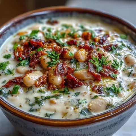 A rich and velvety Creamy Tuscan White Bean Soup ladle, revealing smooth puree, chunks of pancetta, and a drizzle of golden olive oil.