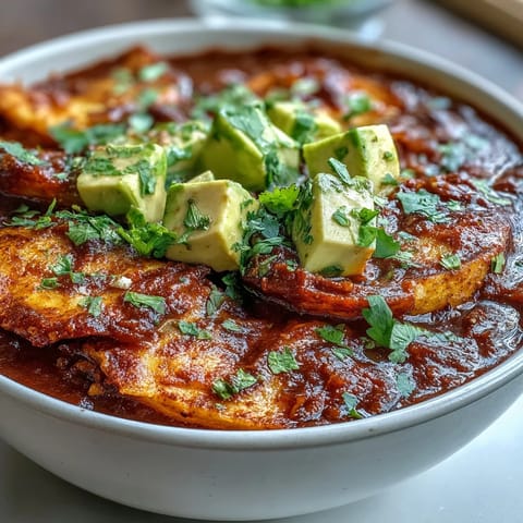 Creamy panela cheese and ripe avocado top a steaming bowl of Sopa Azteca, garnished with fresh cilantro. 