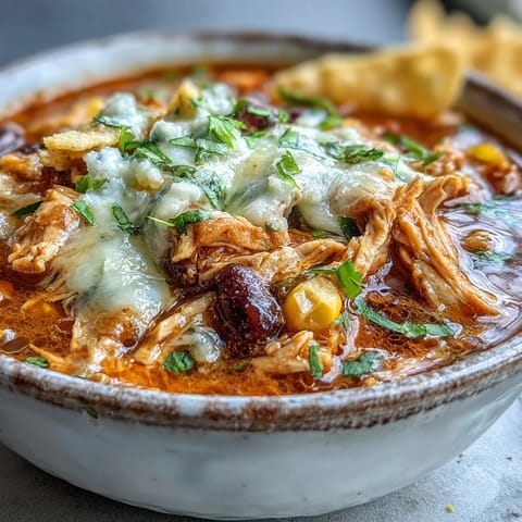 Steam rises from a comforting bowl of Easy Chicken Tortilla Soup, featuring tender shredded chicken, corn, and vibrant cilantro toppings.