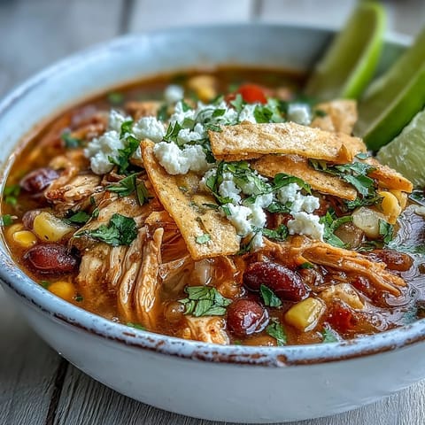 Chicken Tortilla Soup in a rustic bowl, garnished with creamy avocado slices and a swirl of sour cream, with fresh lime on the side.