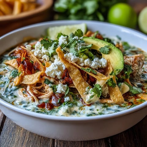 Creamy Chicken Tortilla Soup steaming in a rustic bowl, topped with avocado chunks, crushed tortilla chips, and fresh cilantro garnish.  