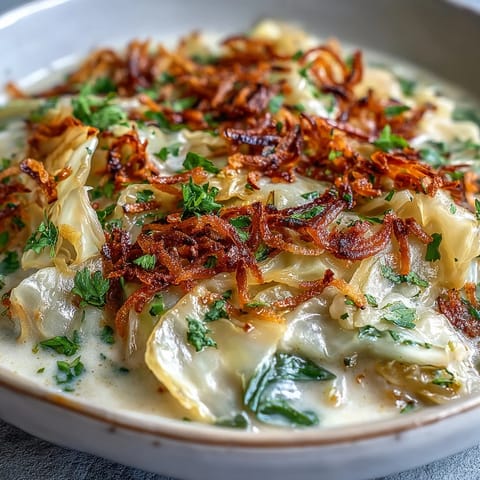 Tender slices of Coconut Braised Cabbage simmered in spiced coconut milk, served warm with a wooden spoon.