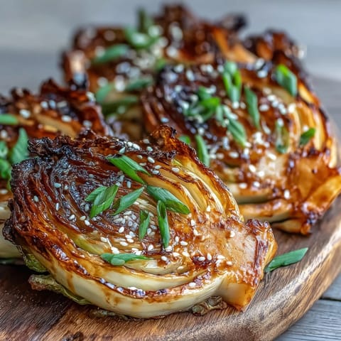 Golden brown Miso Butter Roasted Cabbage Wedges with crisp edges and toasted sesame seeds.