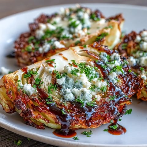 Thick slices of Crispy Cabbage Steaks With Feta and Balsamic roasted on a baking sheet with bubbling cheese and tangy glaze.