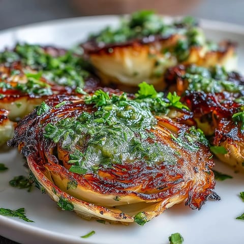 Thick, caramelized Cabbage Steaks With Jalapeño Chimichurri served beside lemon wedges on a rustic wooden table.