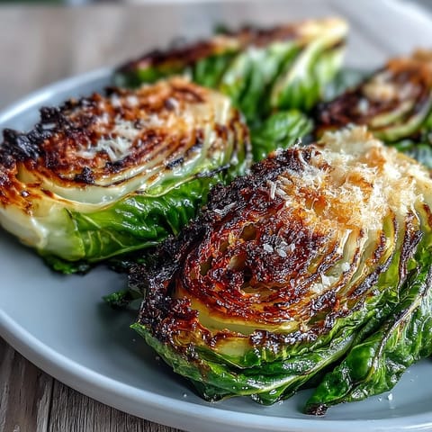Roasted Garlic Parmesan Cabbage Wedges fresh from the oven with golden, crispy edges on a serving platter alongside grilled chicken. 