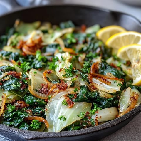 Tender ribbons of Sautéed Cabbage With Garlic and Mediterranean Spices beside lemon wedges, ideal for grilled chicken or fish.