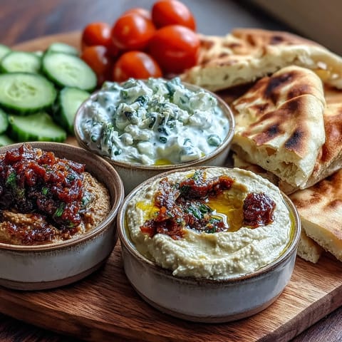 A vibrant Mediterranean brunch board features creamy hummus, smoky baba ganoush, and tangy tzatziki, surrounded by fresh veggies and warm pita.