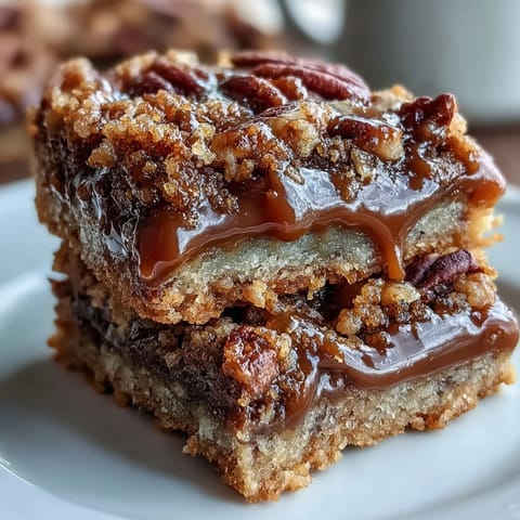 Decadent Sweet and Chewy Turtle Bars with Chocolate and Caramel are plated with a fork, highlighting golden crumbs and rich, gooey drizzle.