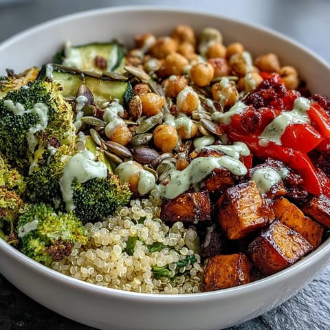Bright and colorful Meal Prep Week-Long Power Bowl with roasted sweet potato, broccoli, and creamy tahini dressing.