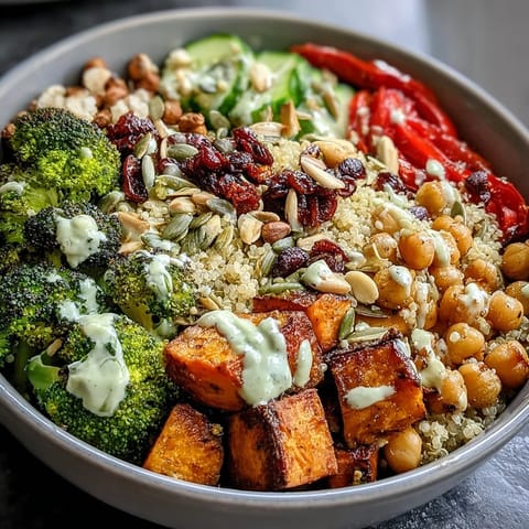 Vibrant Meal Prep Week-Long Power Bowl with quinoa, fresh tomatoes, cucumbers, and crunchy nuts and seeds.