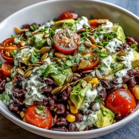 Freshly diced avocado and halved cherry tomatoes top the Black Bean and Veggie Bowl, garnished with chopped cilantro.
