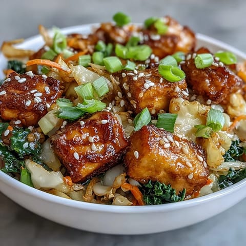 Golden-crisp tofu cubes mingle with vibrant green cabbage and carrots in a Tofu Egg Roll in a Bowl, served steaming in a rustic skillet.