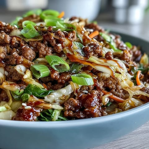 Golden ground pork and crisp cabbage slaw in a skillet, sizzling with garlic and ginger for Egg Roll in a Bowl.