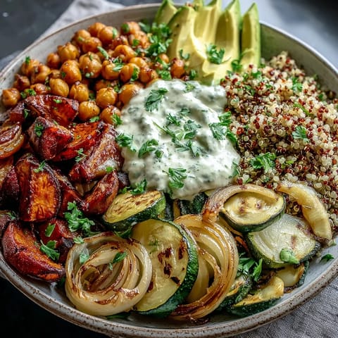 Golden roasted chickpeas and caramelized vegetables on quinoa for a vibrant Roasted Chickpea Power Bowl.