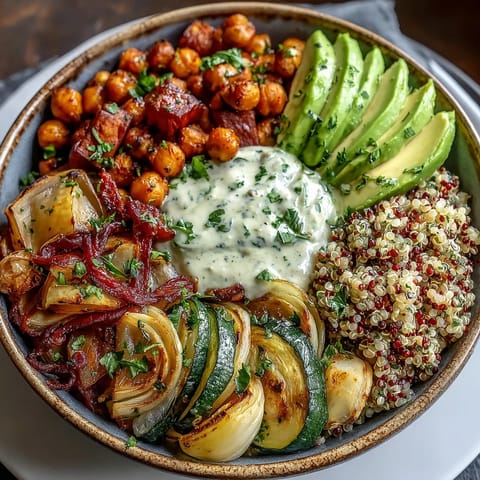 A generous drizzle of creamy tahini dressing over a wholesome, colorful bowl ready for lunch.