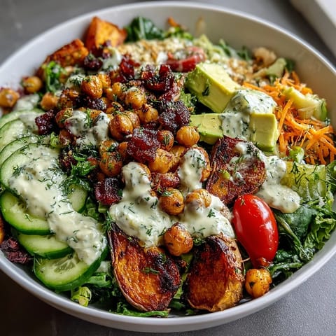 A colorful breakfast Buddha bowl with roasted sweet potatoes, crispy chickpeas, and creamy tahini dressing.  