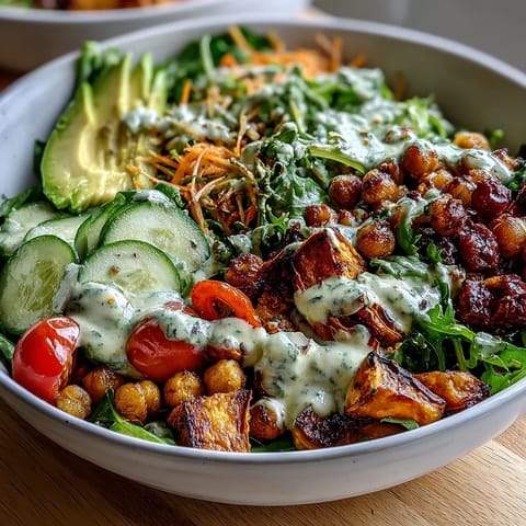 A nourishing vegan breakfast bowl featuring mixed greens, fresh vegetables, and a zesty lemon tahini drizzle.  
