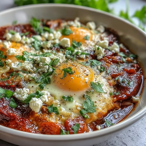A vibrant shakshuka bowl with poached eggs in spiced tomato sauce, garnished with fresh herbs and crumbled feta, served with warm pita bread.