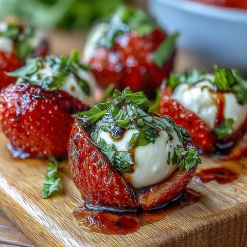 Juicy strawberries, creamy mozzarella, and fresh basil threaded onto skewers, drizzled with sweet-tangy balsamic reduction for an Italian-inspired party snack.  