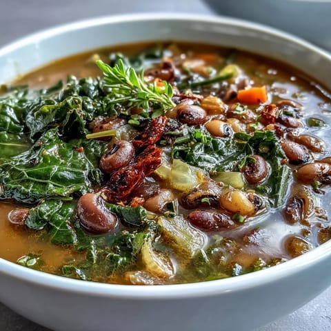 Hearty Southern black-eyed pea and collard green stew with smoky flavors and tender vegetables.